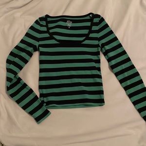 Green and navy blue striped long sleeve top